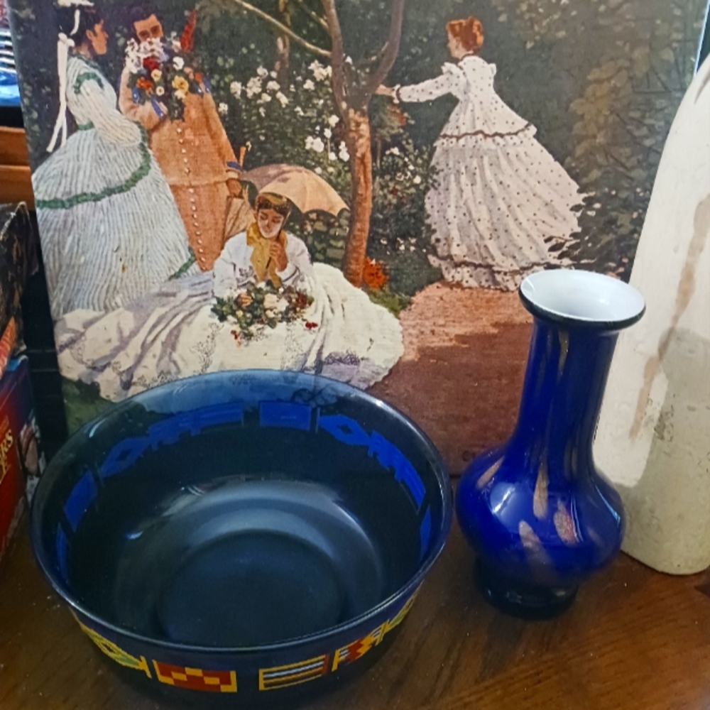 Vintage Cobalt Blue Large Serving Bowl Aztec Pattern gLCOLOC France 🇫🇷 &A Vase